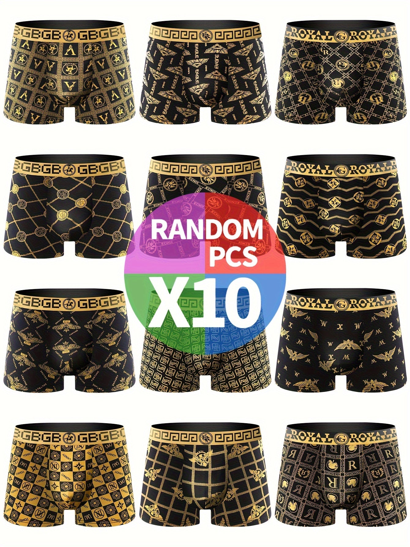 10-Pack Men's High-Stretch Breathable Boxer Briefs – Printed Polyester Spandex Underwear