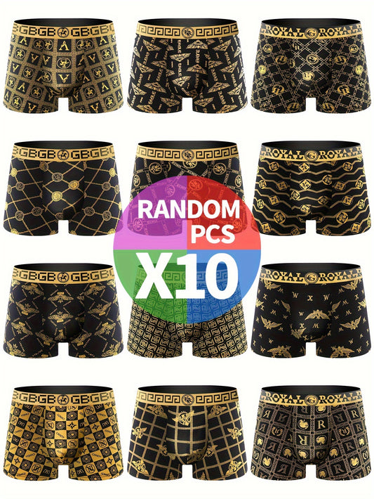 10-Pack Men's High-Stretch Breathable Boxer Briefs – Printed Polyester Spandex Underwear