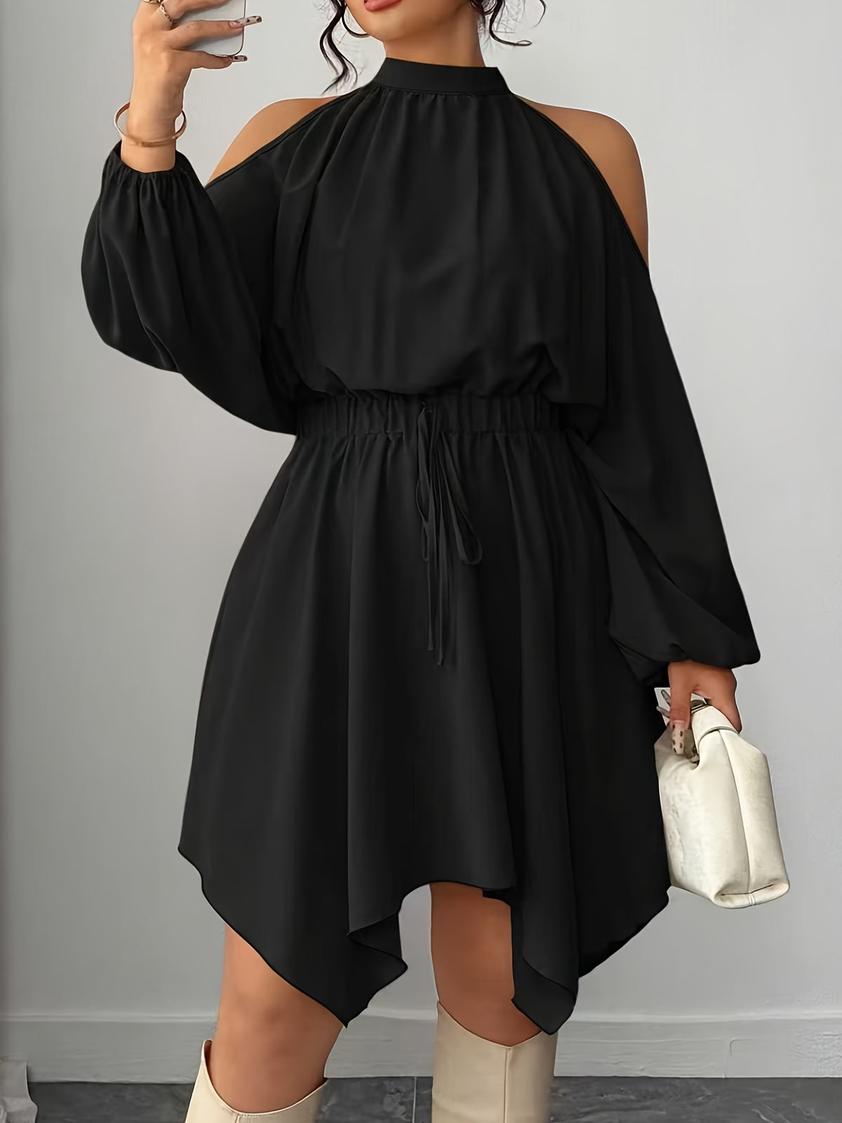 Plus Size Women’s Halter Neck Dress with Lantern Sleeves, High Collar, Cinched Waist & Asymmetrical Hem