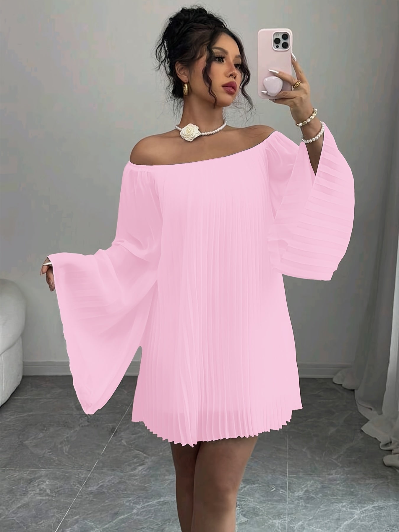 Elegant Chiffon Dress | Off-Shoulder Long-Sleeve with Pleats for Women