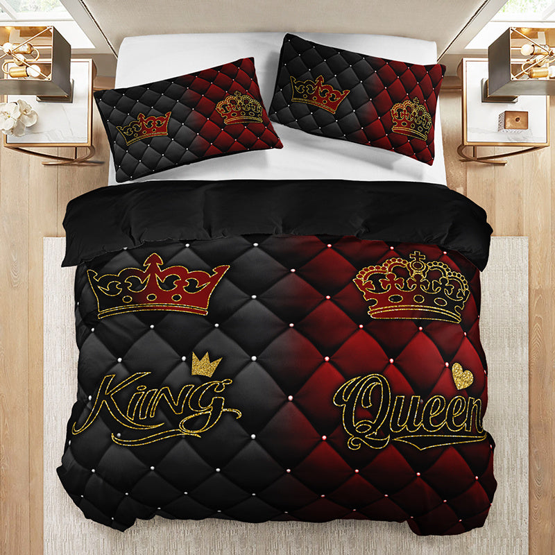 2/3pcs Luxury Dark Red & Gold Crown Duvet Cover Set – King & Queen Design