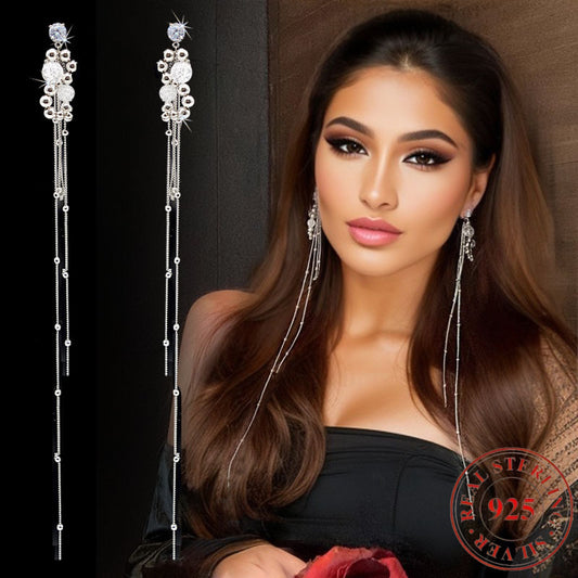 Luxury 925 Silver Elegant Long Tassel Earrings – 1 Pair