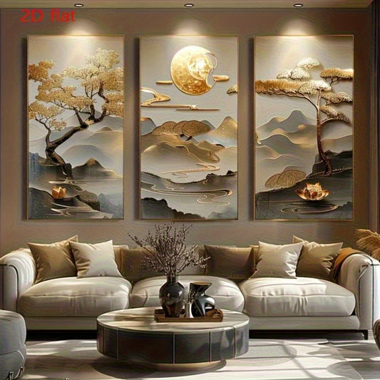 3-Piece Modern Art Canvas Poster Set – Tree of Life & Lotus Design