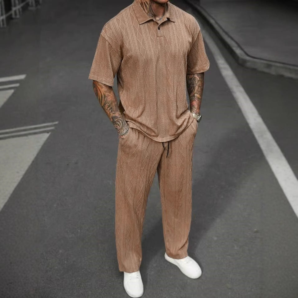 Men's Jacquard Texture Polo Shirt & Shorts Two-Piece Set