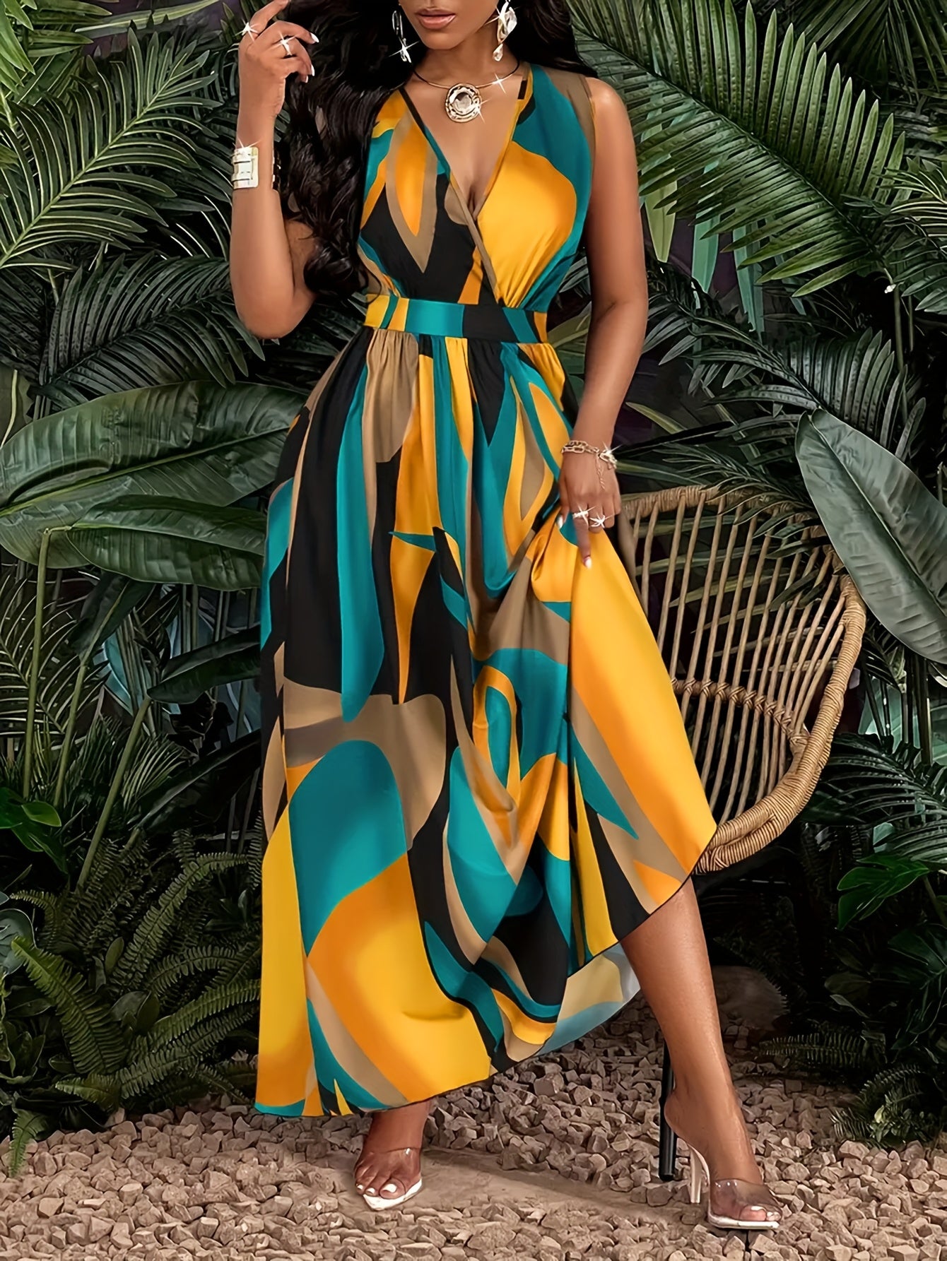 New Summer Women's V-Neck Geometric Print Dress YT