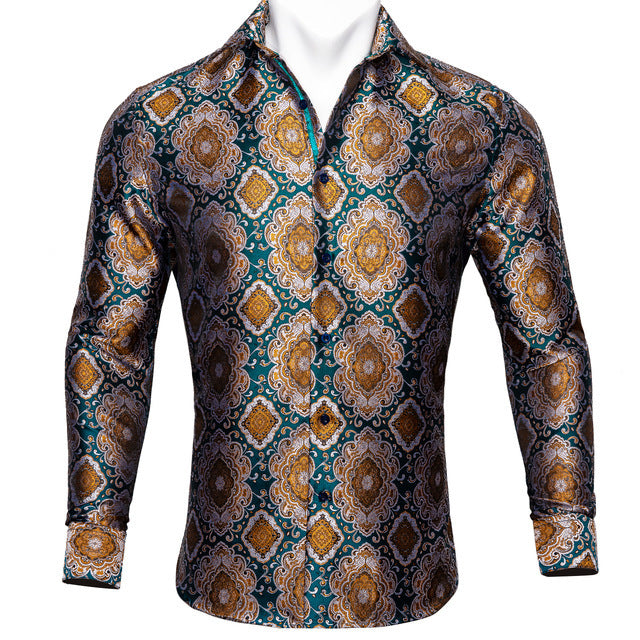 Barry Wang Teal Paisley Floral Silk Shirt – BCY-05