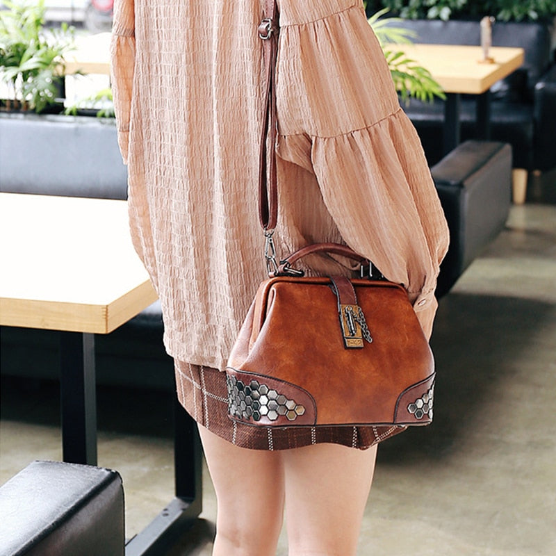 Vintage Leather Doctor-Style Handbag for Women