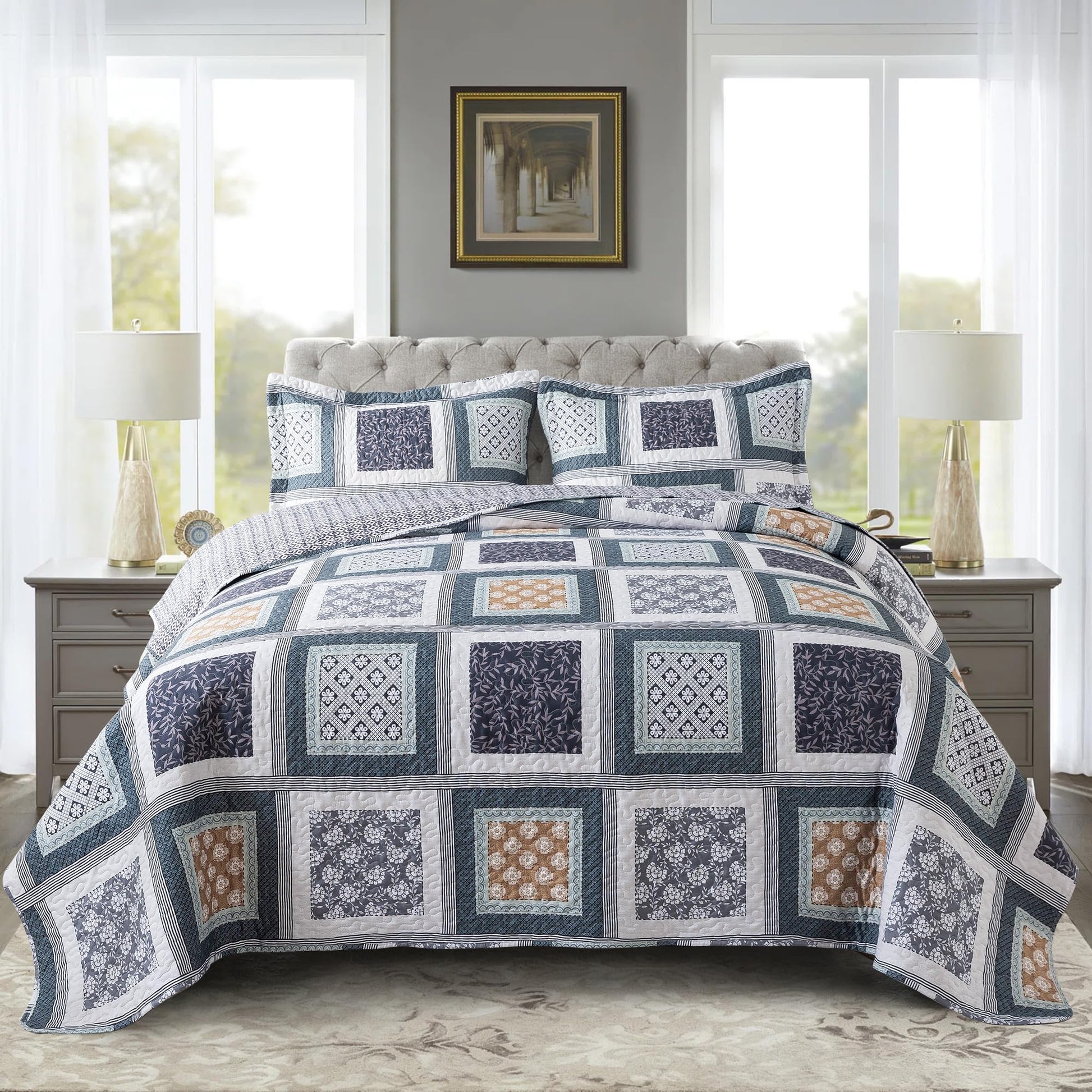 NEWLAKE Quilt Bedspread Sets-Checkered Floral Reversible Coverlet Set,Queen Size