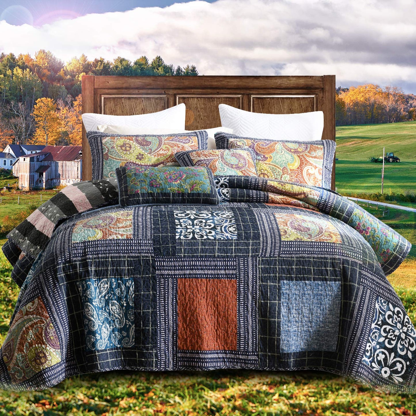 NEWLAKE Quilt Bedspread Sets-Checkered Floral Reversible Coverlet Set,Queen Size