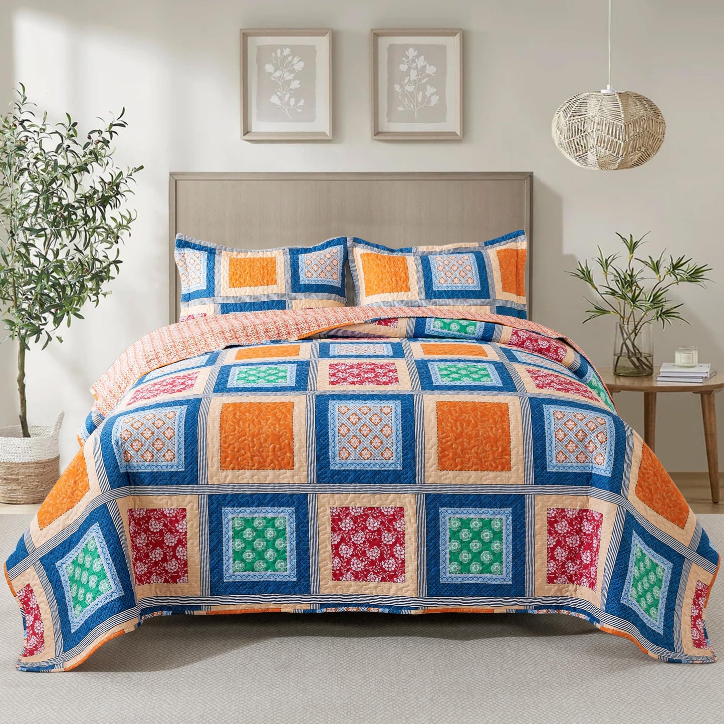 NEWLAKE Quilt Bedspread Sets-Checkered Floral Reversible Coverlet Set,Queen Size