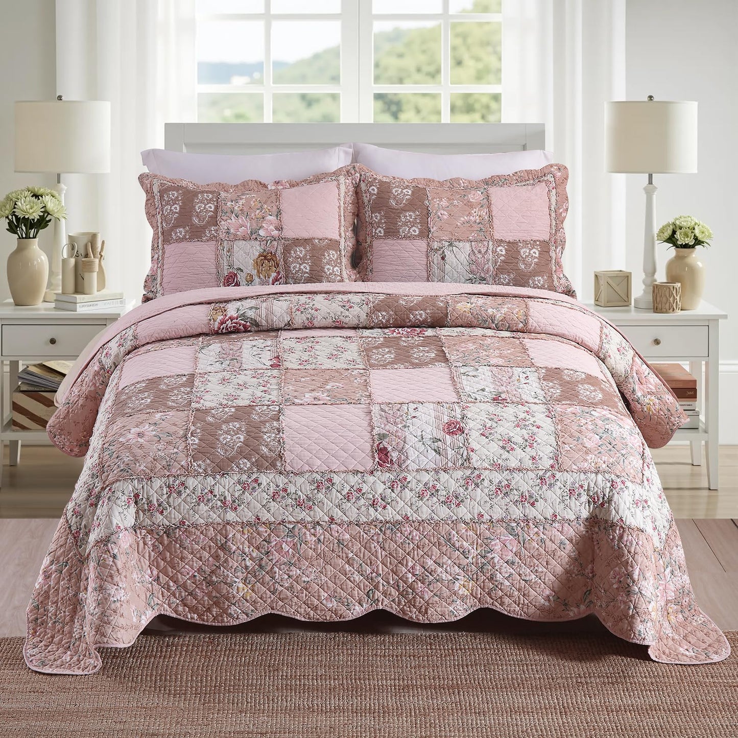 NEWLAKE Quilt Bedspread Sets-Checkered Floral Reversible Coverlet Set,Queen Size