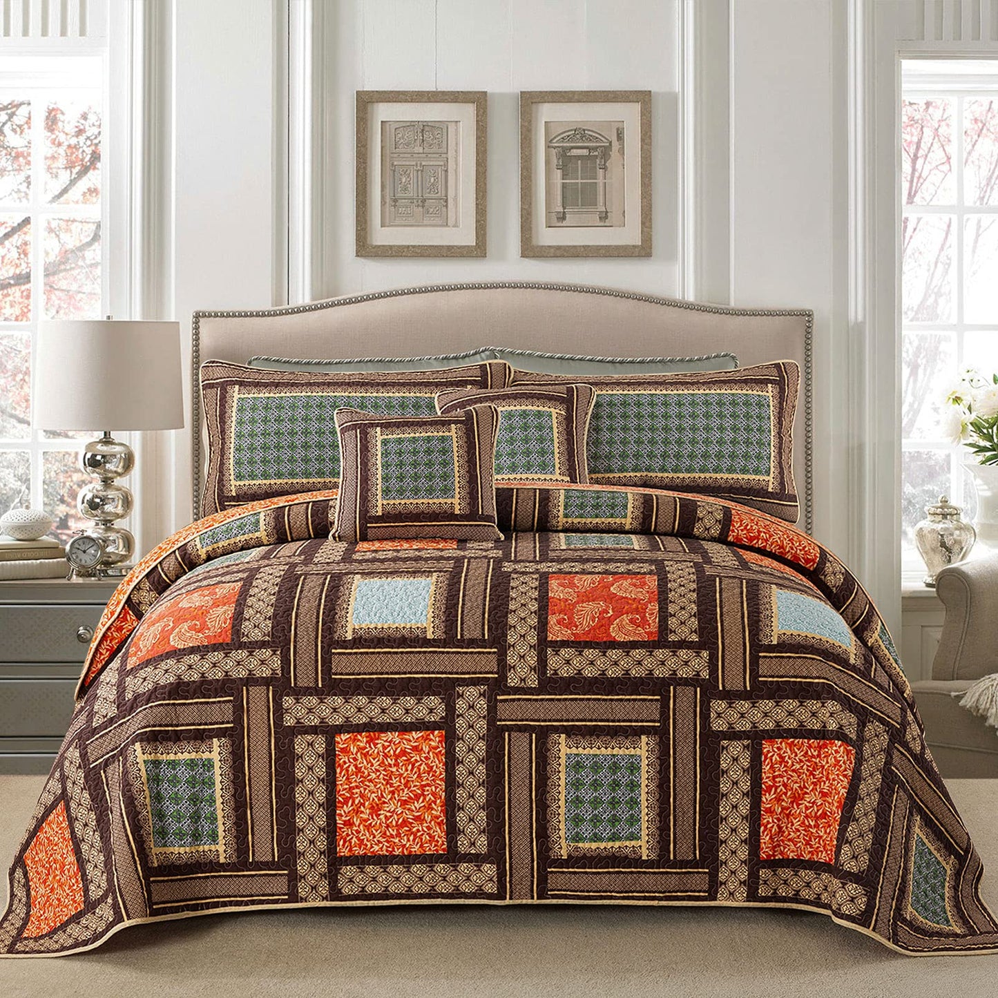 NEWLAKE Quilt Bedspread Sets-Checkered Floral Reversible Coverlet Set,Queen Size