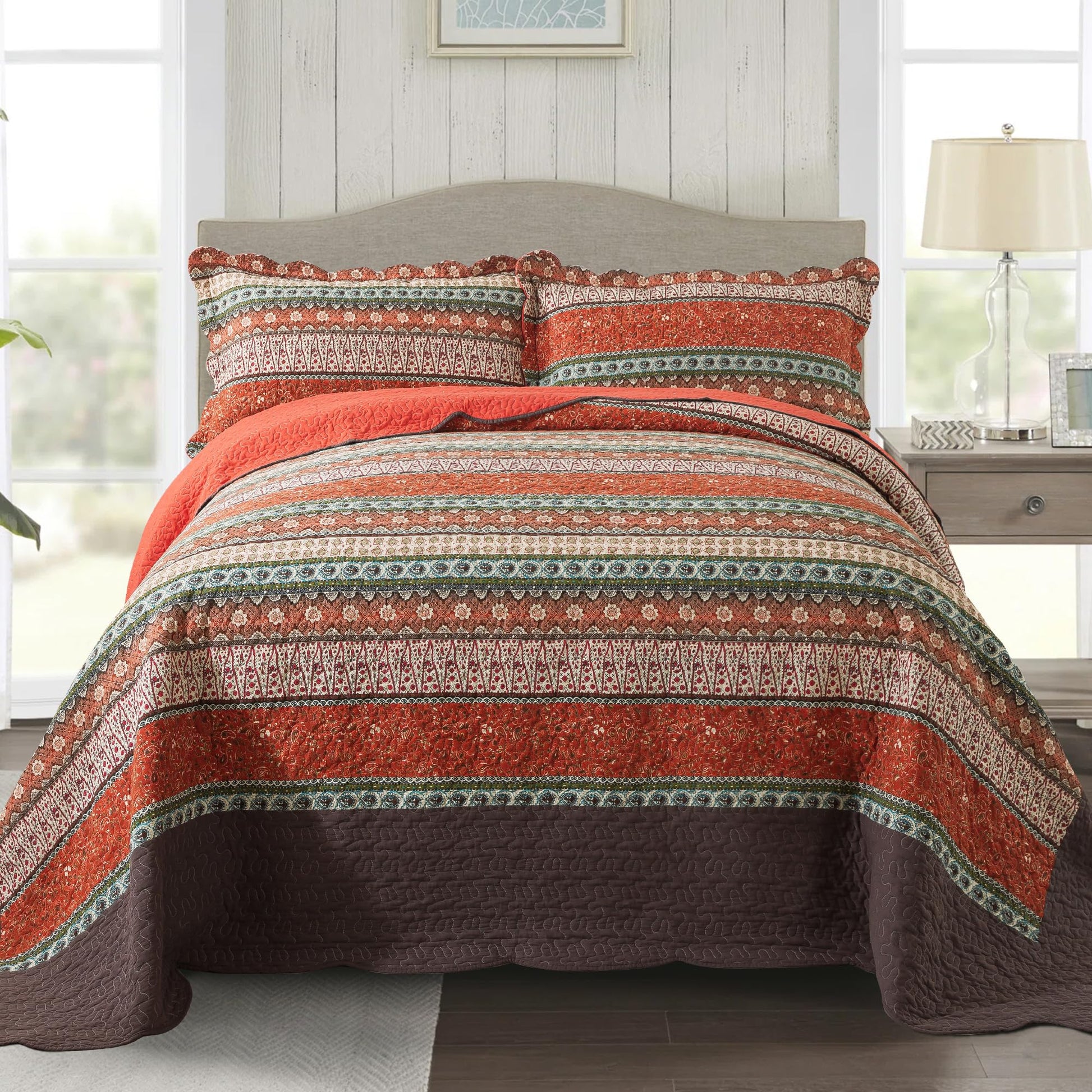 NEWLAKE Quilt Bedspread Sets-Checkered Floral Reversible Coverlet Set,Queen Size