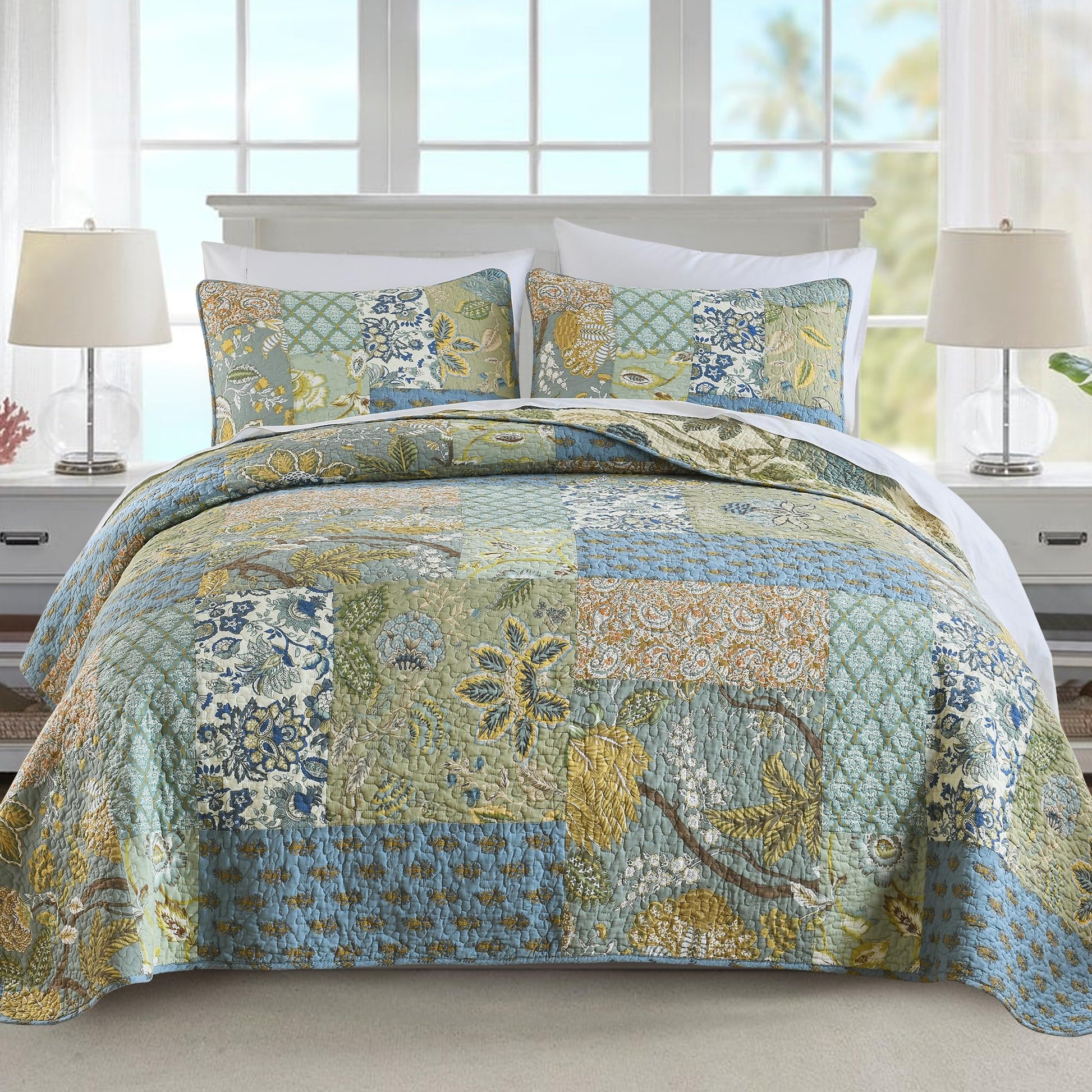 NEWLAKE Quilt Bedspread Sets-Checkered Floral Reversible Coverlet Set,Queen Size