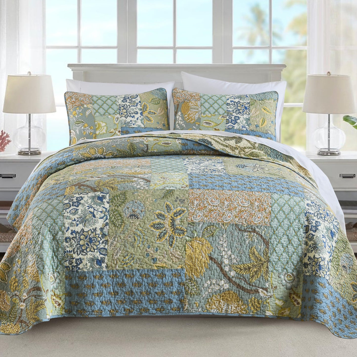 NEWLAKE Quilt Bedspread Sets-Checkered Floral Reversible Coverlet Set,Queen Size