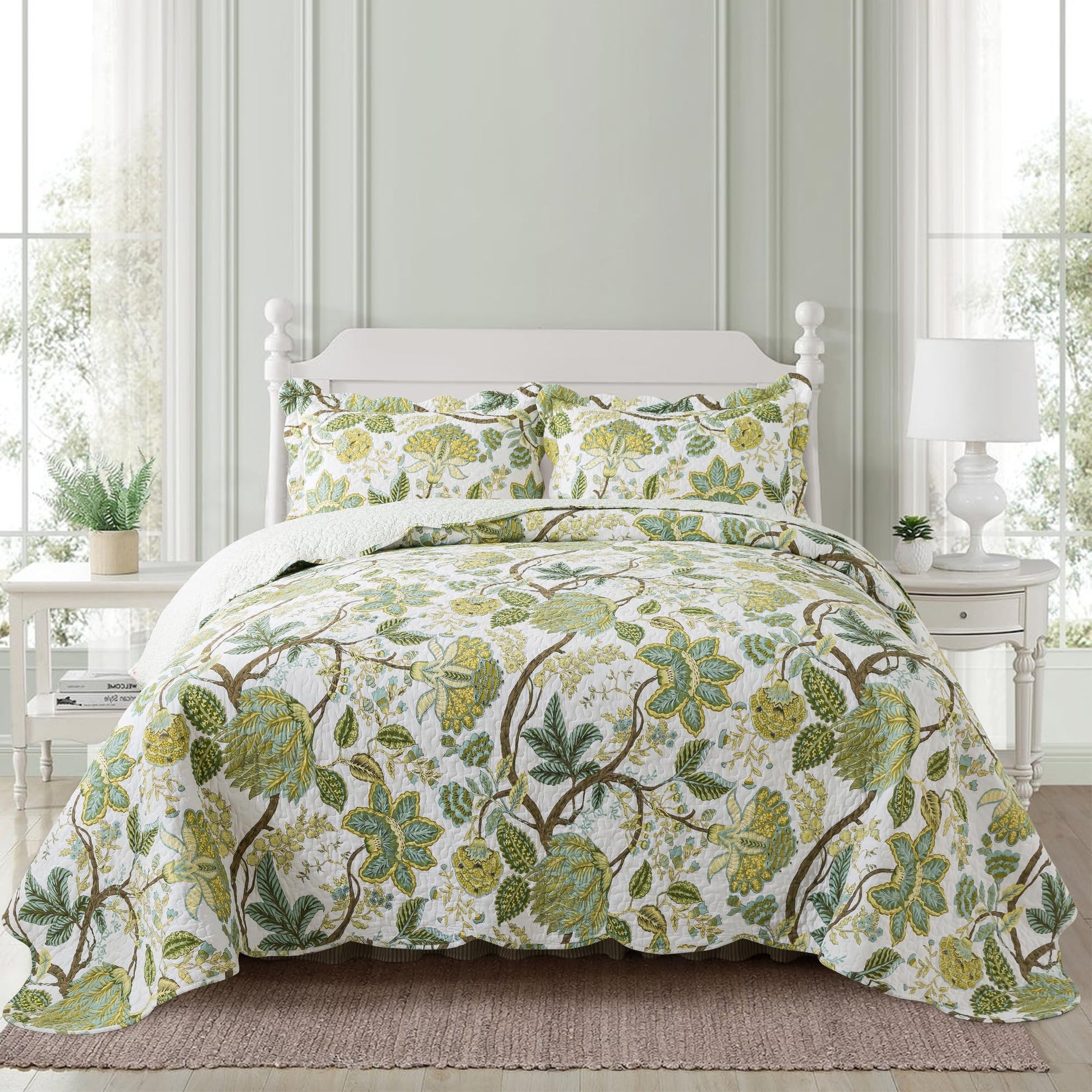 NEWLAKE Quilt Bedspread Sets-Checkered Floral Reversible Coverlet Set,Queen Size