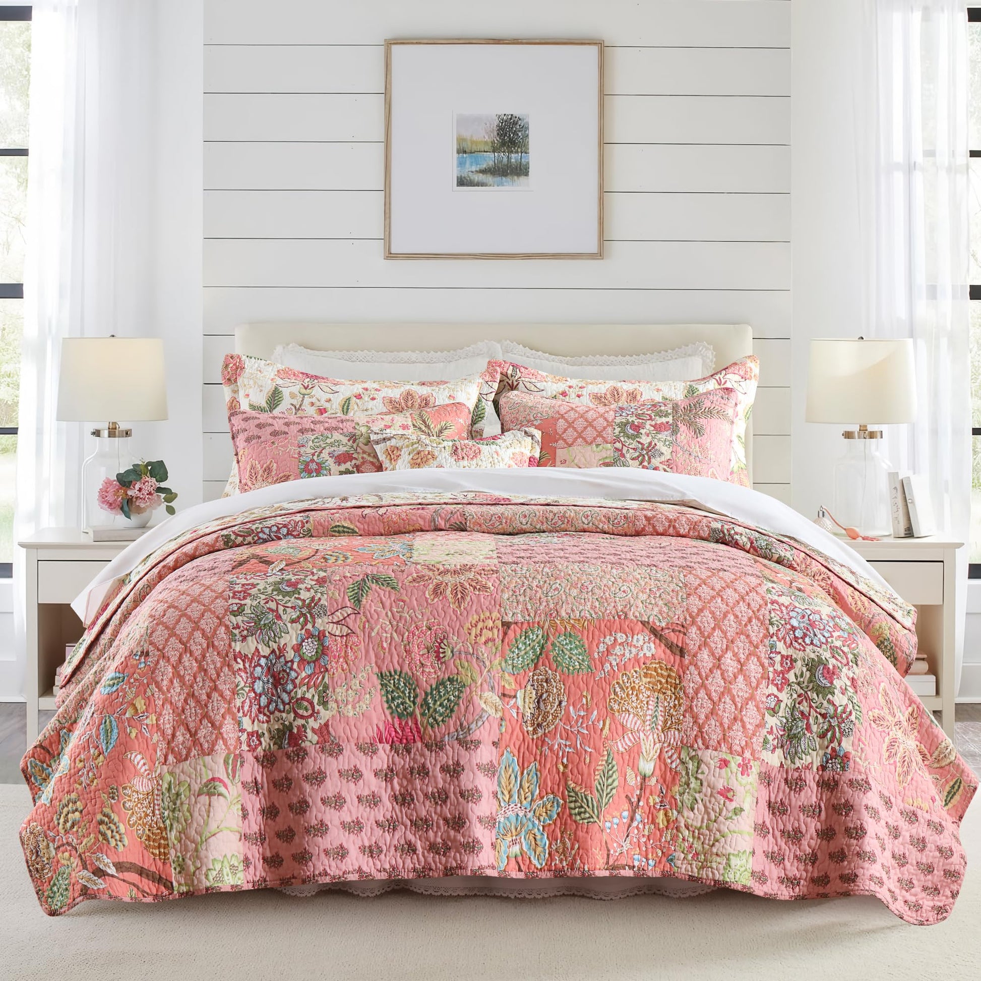 NEWLAKE Quilt Bedspread Sets-Checkered Floral Reversible Coverlet Set,Queen Size