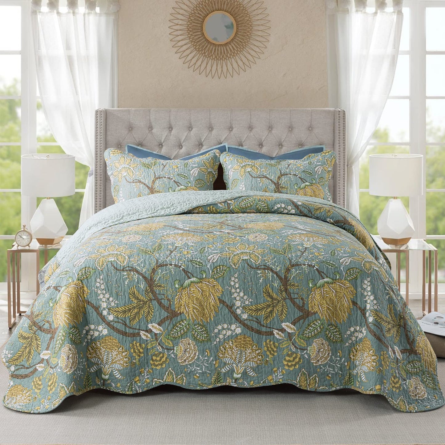 NEWLAKE Quilt Bedspread Sets-Checkered Floral Reversible Coverlet Set,Queen Size