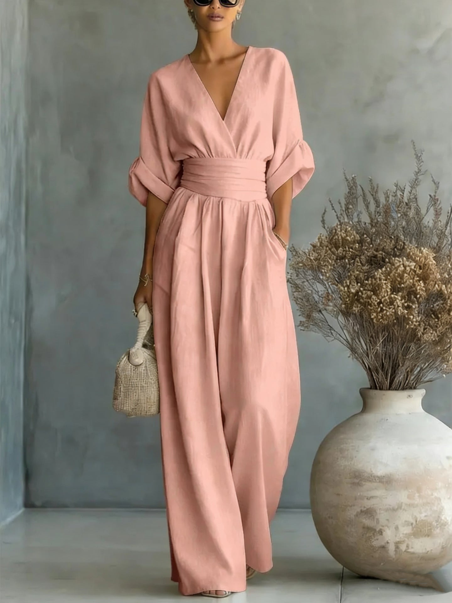 Summer Short-Sleeved Jumpsuit – Fashion Casual V-Neck Wide-Leg Pants for Women