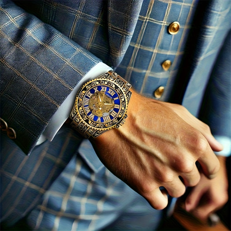 1pc Men's Red Steel Belt Retro Style Mechanical Watch – Luminous & Carved Design
