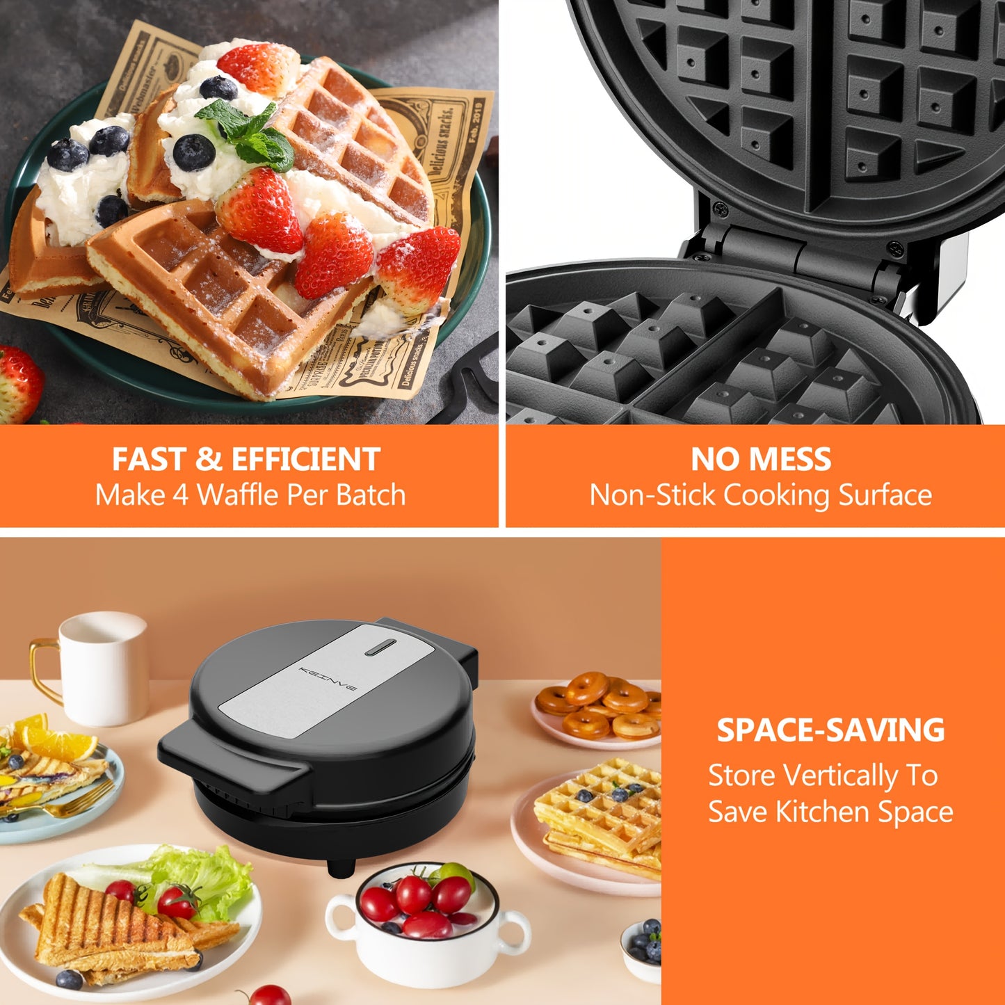 8-Inch 1000W Classic Belgian Waffle Maker – 4-Slice Double-Sided Nonstick Waffle Iron