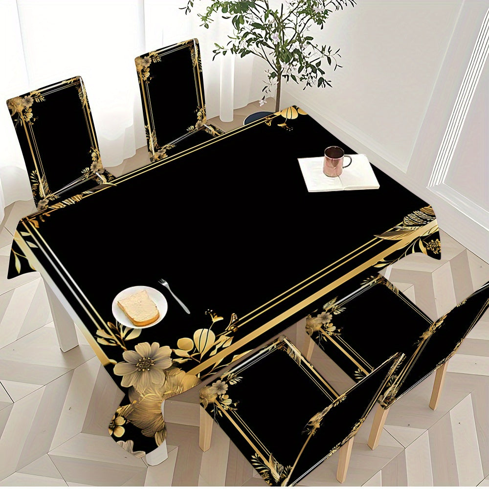 Black & Gold Design Tablecloth with Chair Covers – Set of 5 or 7 Pieces