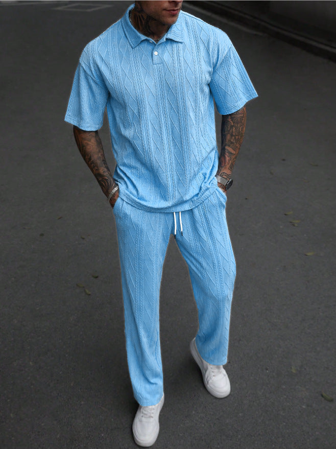 Men's Jacquard Texture Polo Shirt & Shorts Two-Piece Set