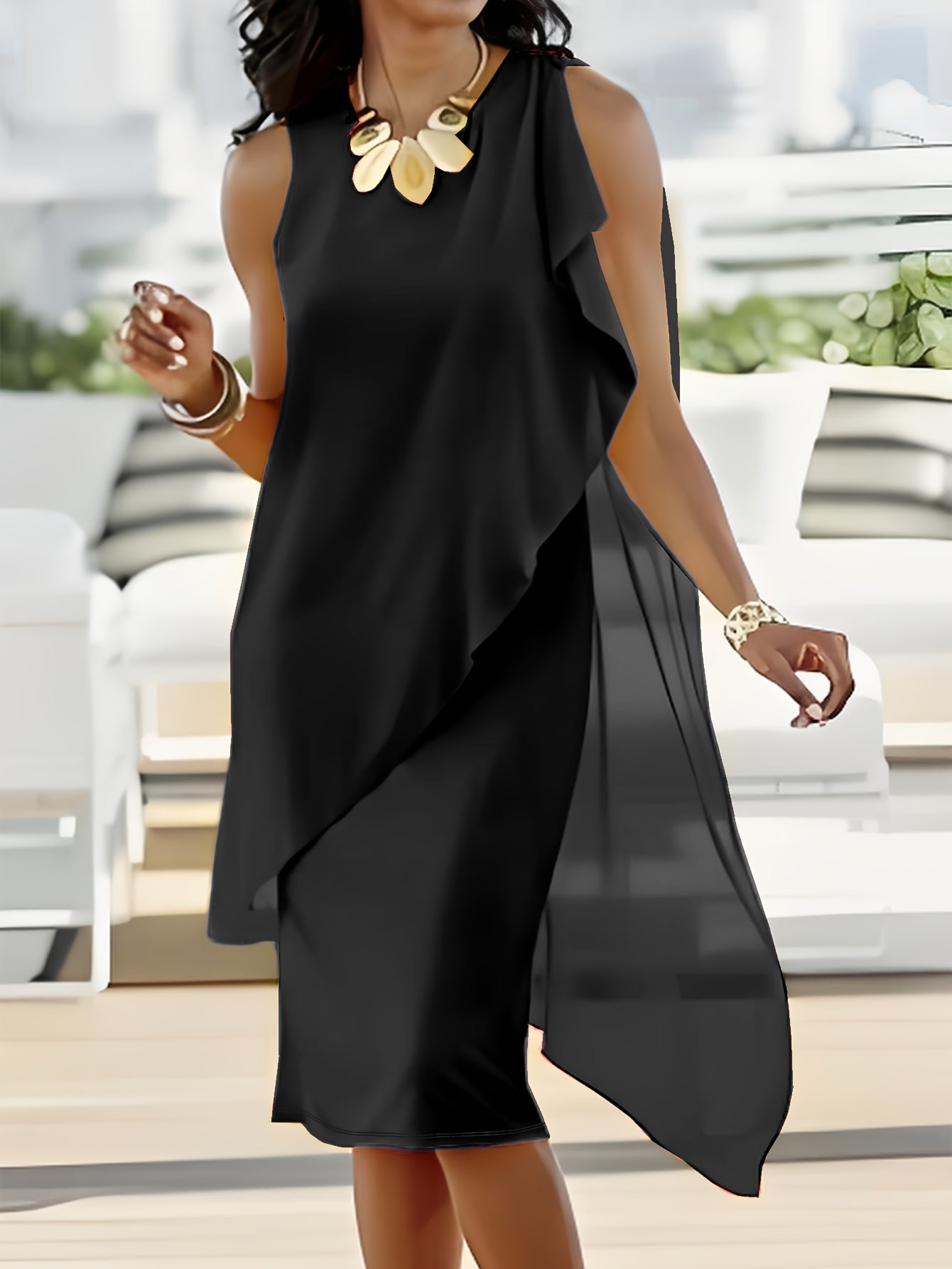 Elegant Solid Color Irregular Chiffon Patchwork Sleeveless Round Neck Dress