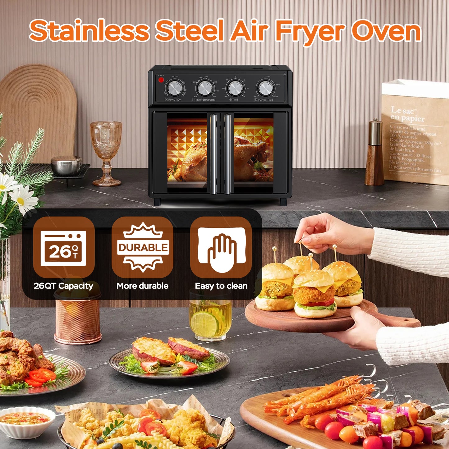 29QT French Door Air Fryer Toaster Oven (1700W Black