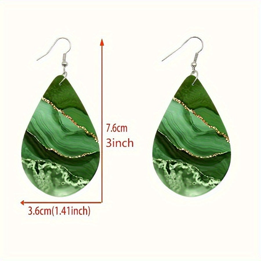 2 Pc Bohemian Minimalist Double-Sided Water Drop Earrings with Marbled & Glitter Design