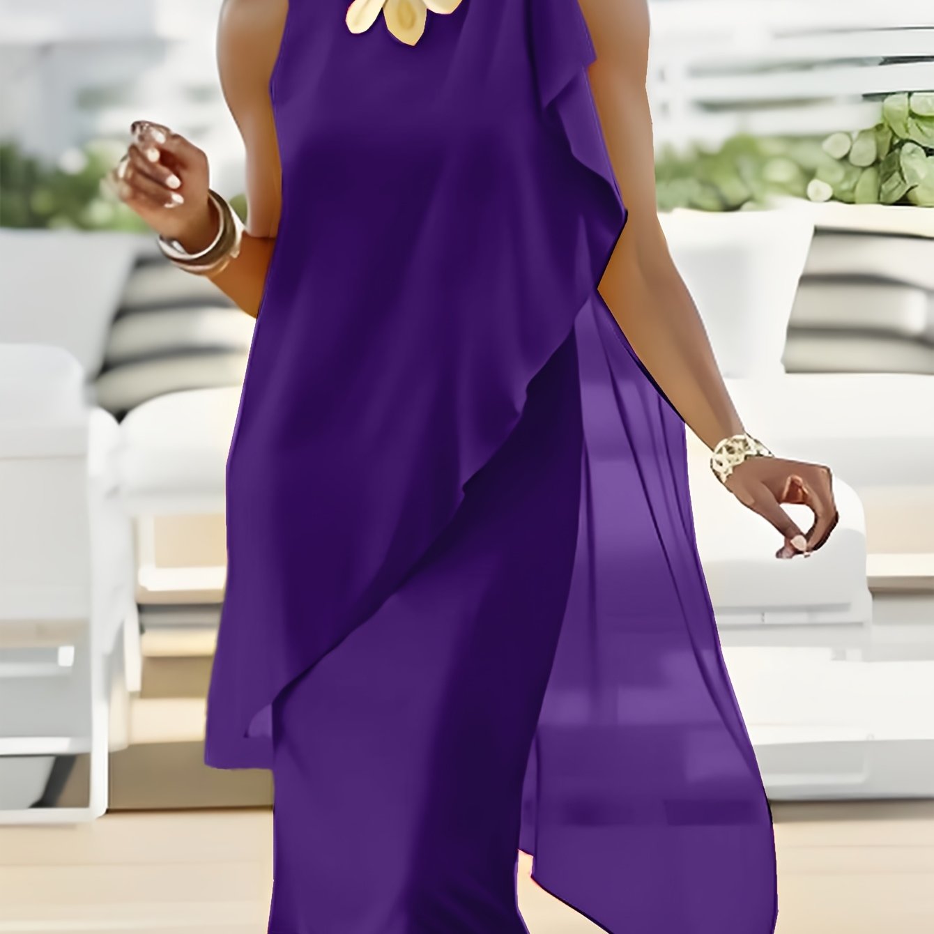Elegant Solid Color Irregular Chiffon Patchwork Sleeveless Round Neck Dress