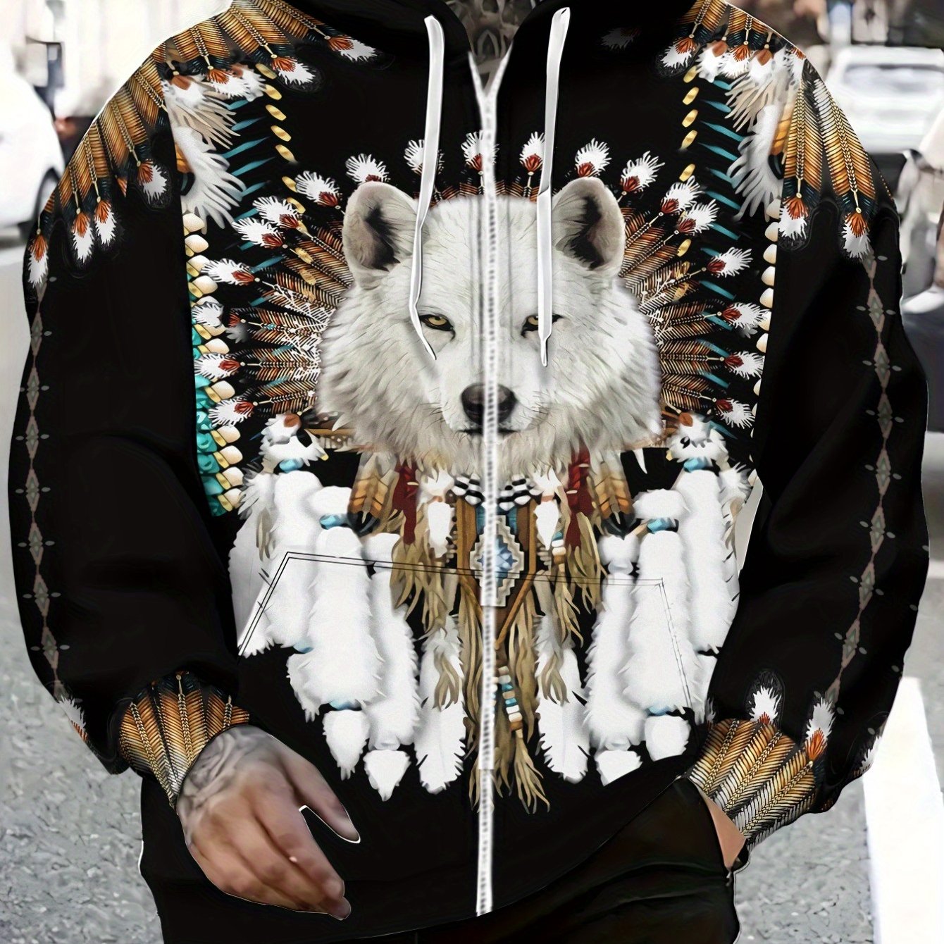 Men’s Full-Zip Hoodie – Wolf & Tribal Print