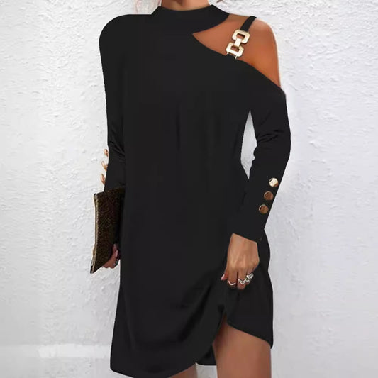Fashion Women’s Solid Casual Mini Dress – Elegant Halter Neck with Metal Buckle