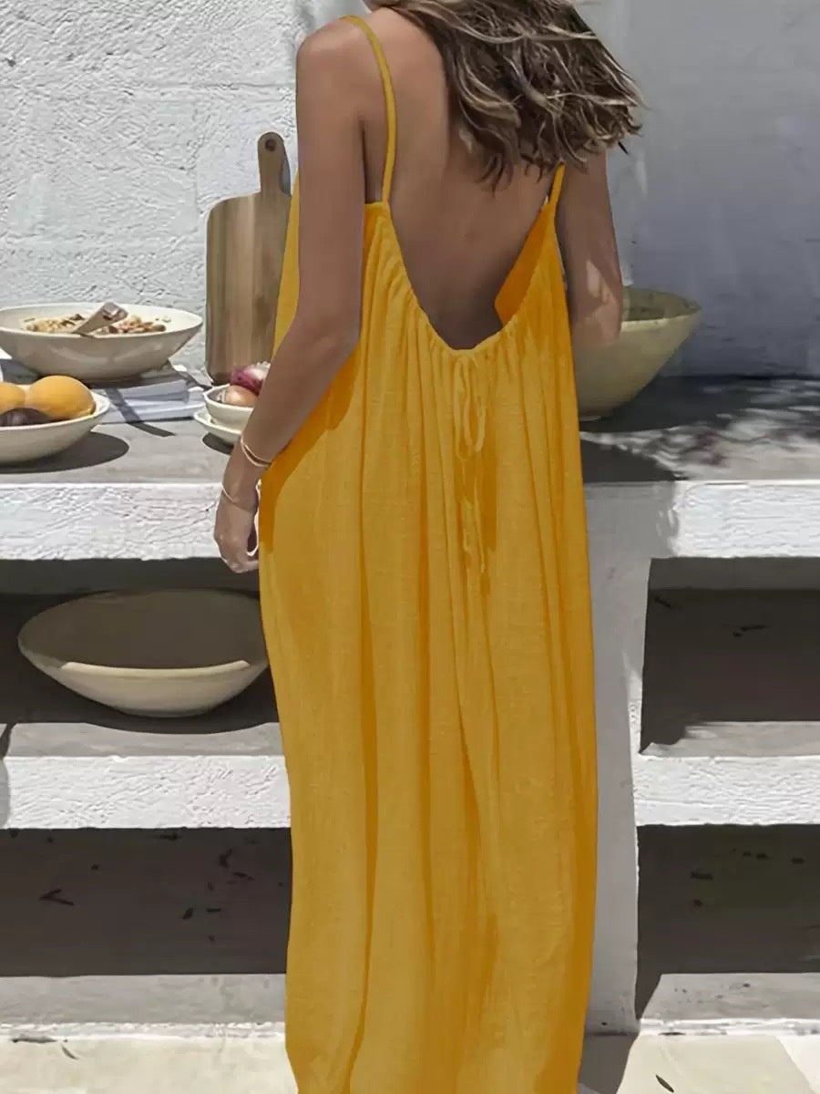 Loose Spaghetti Strap Dress -Ins Fashion U-Cut Backless Tie-Up Long Bohemian Beach Dress