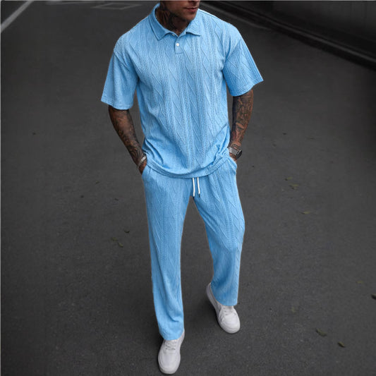 Men's Jacquard Texture Polo Shirt & Shorts Two-Piece Set