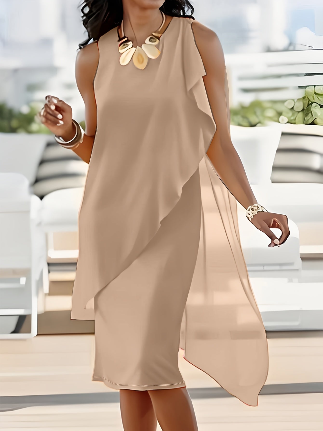 Elegant Solid Color Irregular Chiffon Patchwork Sleeveless Round Neck Dress