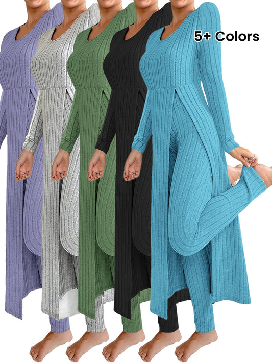 Two-piece Set of Long-sleeved Ribbed Top and Pants for Women