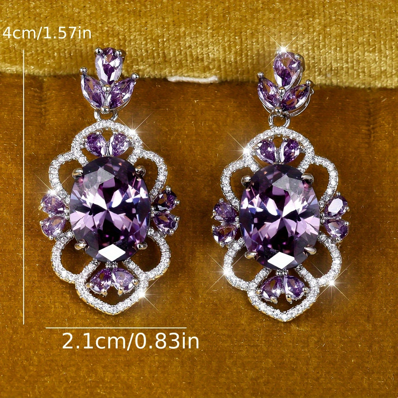 ANGOL Elegant Purple Zirconia Floral Halo Earrings – White Gold-Plated Luxury for Women