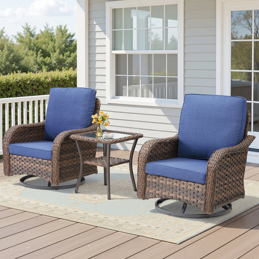 3 Pieces Outdoor Furniture Set – Swivel Gliders Rocker Wicker Patio Bistro Set with Side Table