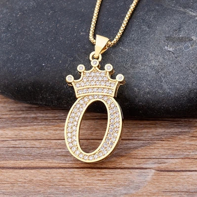 Nidin Premium Copper Zircon Alphabet Pendant Necklace with A-Z Crown Design