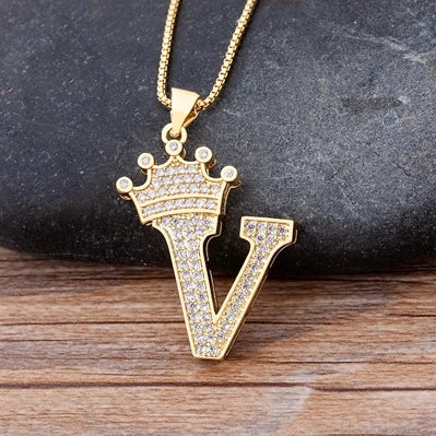 Nidin Premium Copper Zircon Alphabet Pendant Necklace with A-Z Crown Design
