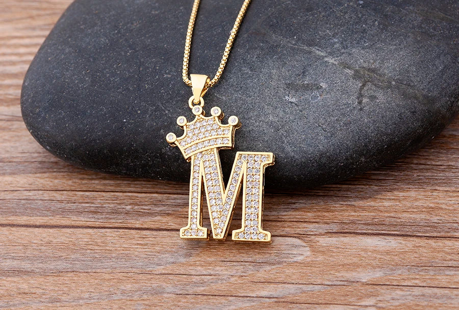 Nidin Premium Copper Zircon Alphabet Pendant Necklace with A-Z Crown Design