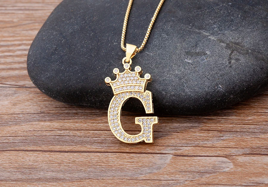 Nidin Premium Copper Zircon Alphabet Pendant Necklace with A-Z Crown Design