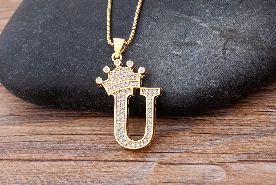 Nidin Premium Copper Zircon Alphabet Pendant Necklace with A-Z Crown Design