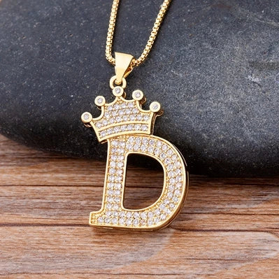 Nidin Premium Copper Zircon Alphabet Pendant Necklace with A-Z Crown Design