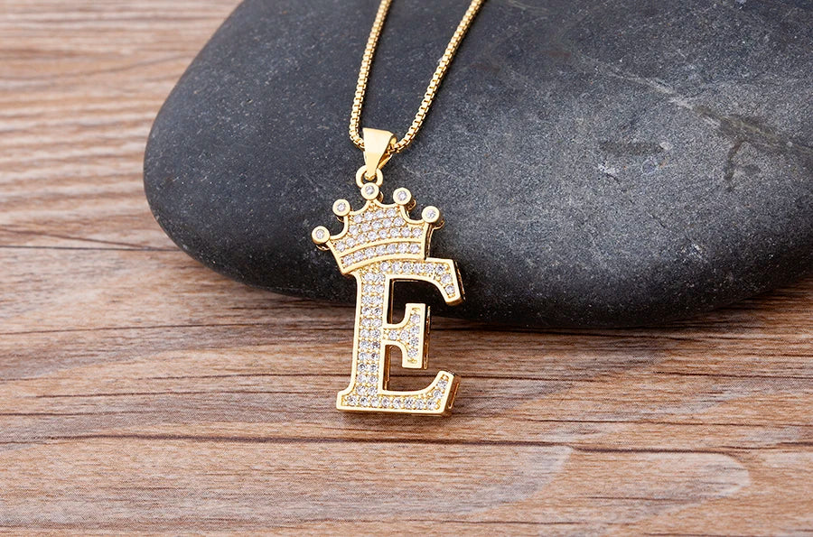 Nidin Premium Copper Zircon Alphabet Pendant Necklace with A-Z Crown Design