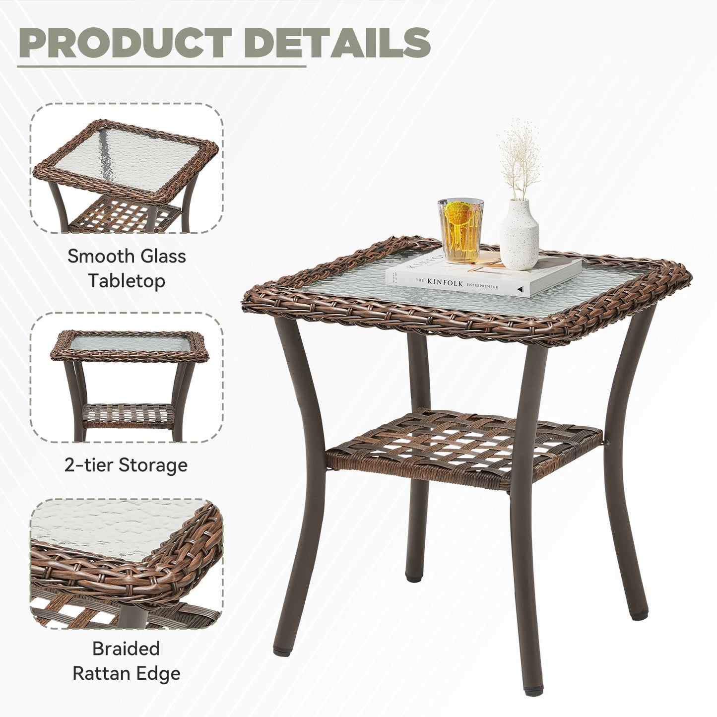 3 Pieces Outdoor Furniture Set – Swivel Gliders Rocker Wicker Patio Bistro Set with Side Table