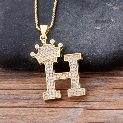 Nidin Premium Copper Zircon Alphabet Pendant Necklace with A-Z Crown Design