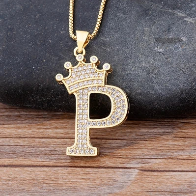 Nidin Premium Copper Zircon Alphabet Pendant Necklace with A-Z Crown Design