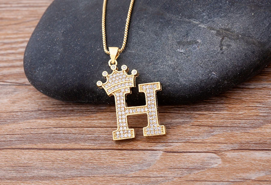 Nidin Premium Copper Zircon Alphabet Pendant Necklace with A-Z Crown Design
